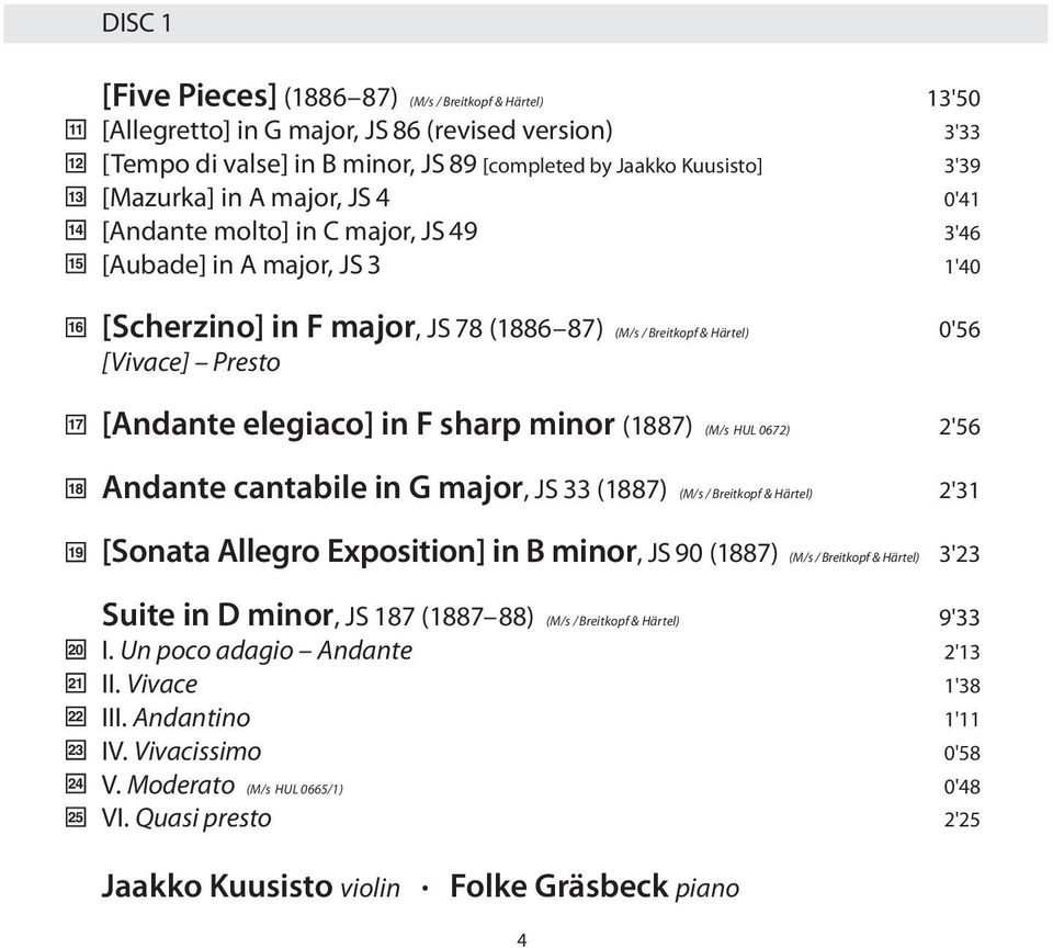 Presto 17 18 19 [Andante elegiaco] in F sharp minor (1887) (M/s HUL 0672) 2'56 Andante cantabile in G major, JS 33 (1887) (M/s / Breitkopf & Härtel) 2'31 [Sonata Allegro Exposition] in B minor, JS 90