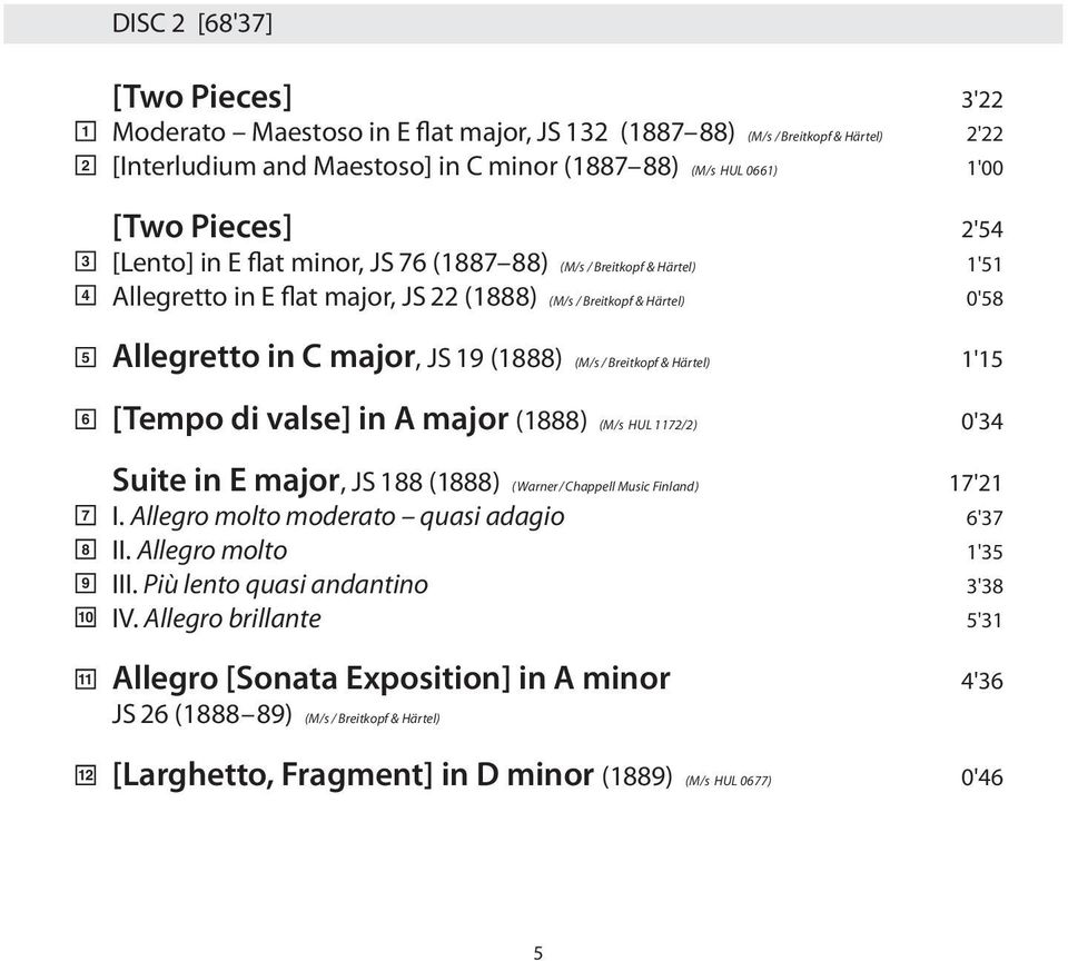 (M/s / Breitkopf & Härtel) 1'15 [Tempo di valse] in A major (1888) (M/s HUL 1172/2) 0'34 7 8 9 10 Suite in E major, JS 188 (1888) ( Warner / Chappell Music Finland) 17'21 I.