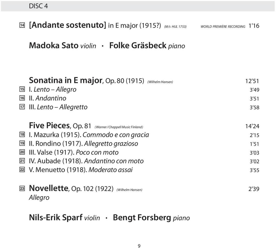 80 (1915) (Wilhelm Hansen) 12'51 I. Lento Allegro 3'49 II. Andantino 3'51 III. Lento Allegretto 3'58 Five Pieces, Op. 81 ( Warner / Chappell Music Finland) 14'24 I.