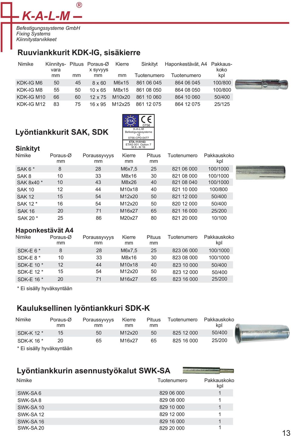 /0 4 M2x 8 2 000 /0 SAK 2 SAK 2 * SAK SAK * 2 8 ETA 0 K-A-L-M Befestigungssysteme 2 0-CPD-04 ETA-/03 ETAG 00 Option M 8 - M Kierre Mx2 Mx2 82 000 82 000 2/ 0/ Haponkestävät A4 SDK-E * SDK-E 8 * SDK-E