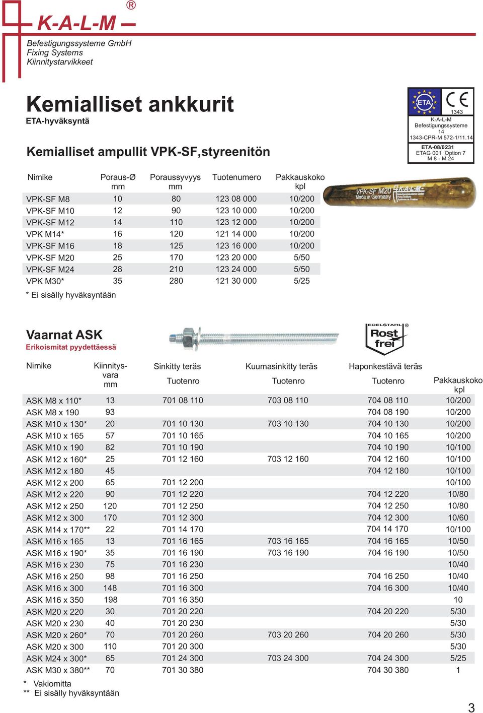 2 000 0/ 0/ 0/ 0/ 0/ / / /2 * Ei sisälly hyväksyntään Vaarnat ASK Erikoismitat pyydettäessä ASK M8 x 0* ASK M8 x 90 ASK M0 x * ASK M0 x ASK M0 x 90 ASK M2 x * ASK M2 x ASK M2 x ASK M2 x 2 ASK M2 x 2