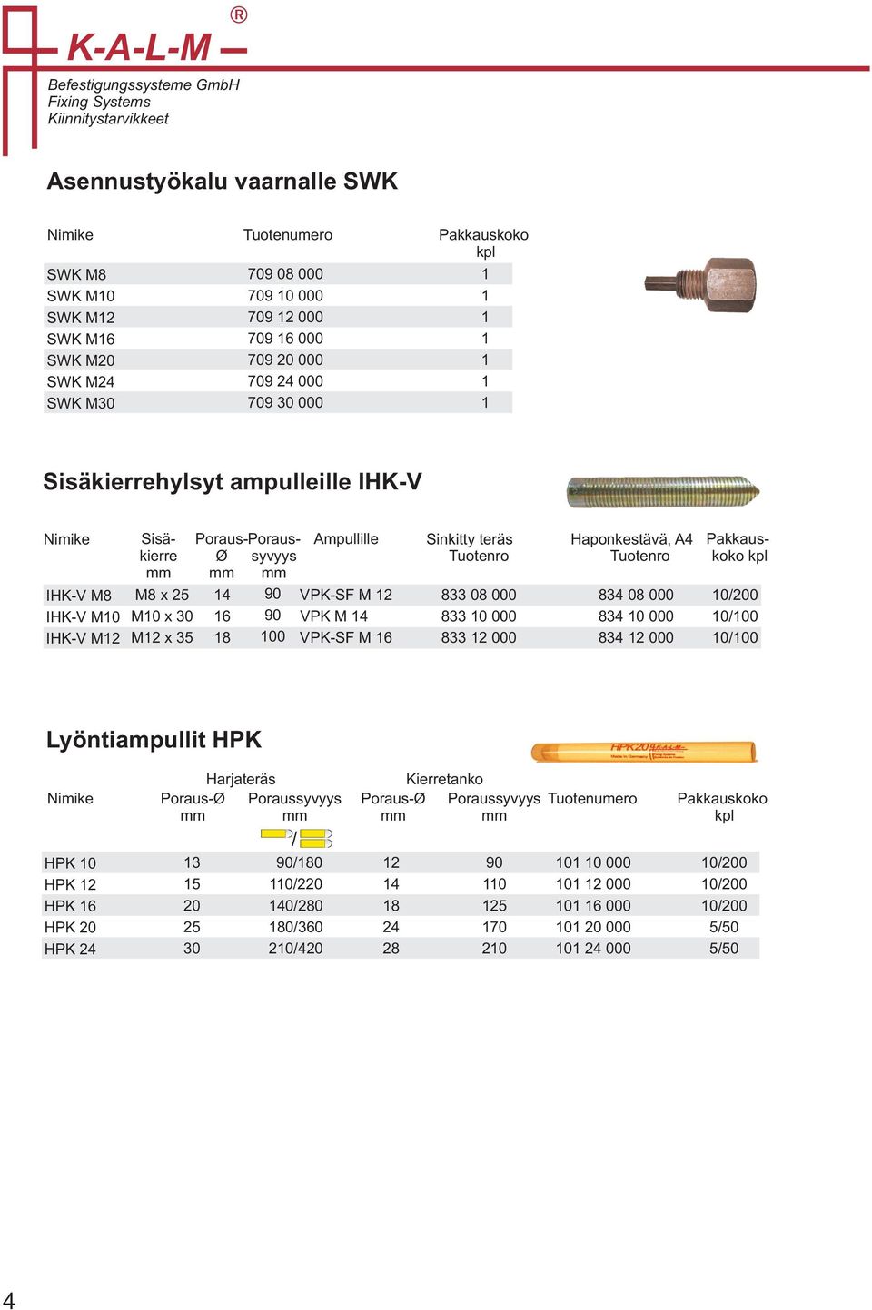 Haponkestävä, A4 VPK-SF M 2 833 08 000 834 08 000 VPK M 4 833 0 000 834 0 000 VPK-SF M 833 2 000 834 2 000 0/ 0/ 0/ Lyöntiampullit HPK HPK