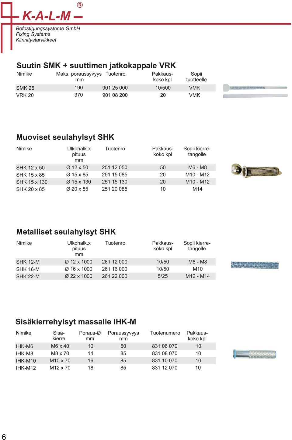 x SHK x 8 Ulkohalk.x pituus Ø x 8 Ø x Ø x 8 2 08 2 2 08 Sisäkierre M0 - M2 M0 - M2 0 M4 Metalliset seulahylsyt SHK SHK 2-M SHK -M SHK 22-M Ulkohalk.