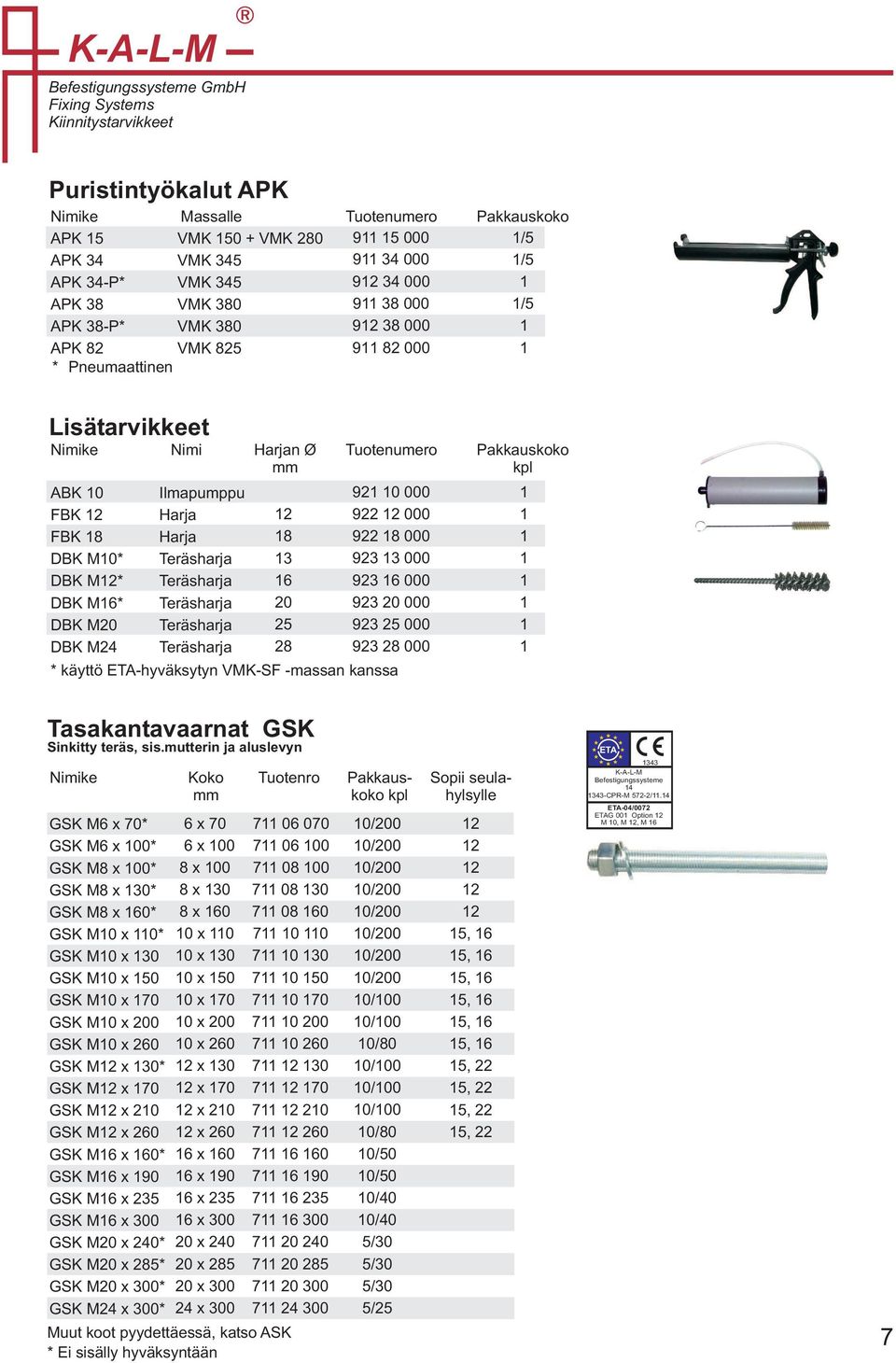 000 923 3 000 923 000 923 000 923 2 000 923 28 000 * käyttö ETA-hyväksytyn VMK-SF -massan kanssa Tasakantavaarnat GSK Sinkitty teräs, sis.