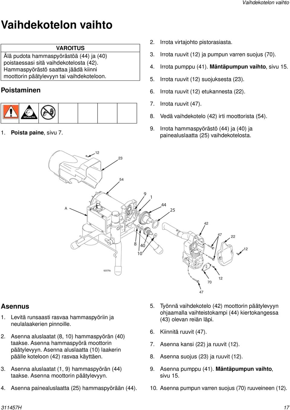 Mäntäpumpun vaihto, sivu 15. 5. Irrota ruuvit (12) suojuksesta (23). 6. Irrota ruuvit (12) etukannesta (22). 7. Irrota ruuvit (47). 8. Vedä vaihdekotelo (42) irti moottorista (54). 1. Poista paine, sivu 7.