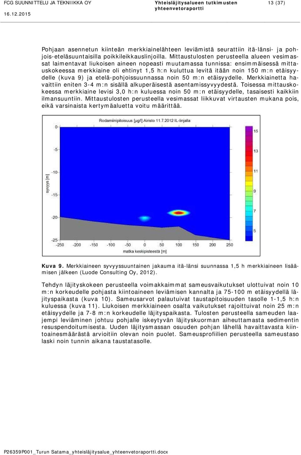 m:n etäisyydelle (kuva 9) ja etelä-pohjoissuunnassa noin 50 m:n etäisyydelle. Merkkiainetta havaittiin eniten 3-4 m:n sisällä alkuperäisestä asentamissyvyydestä.