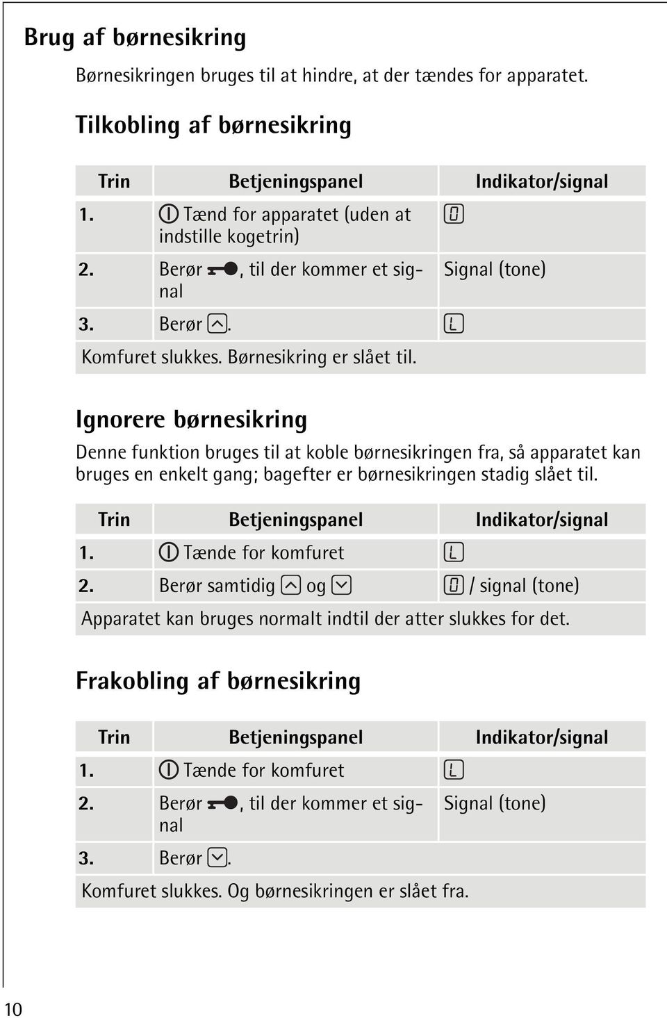 Signal (tone) Ignorere børnesikring Denne funktion bruges til at koble børnesikringen fra, så apparatet kan bruges en enkelt gang; bagefter er børnesikringen stadig slået til.