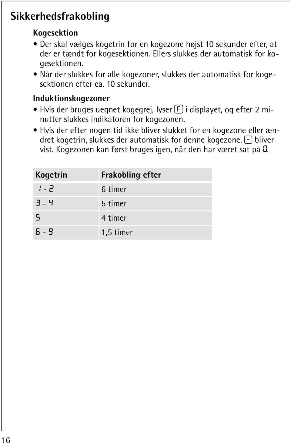 Induktionskogezoner Hvis der bruges uegnet kogegrej, lyser i displayet, og efter 2 minutter slukkes indikatoren for kogezonen.