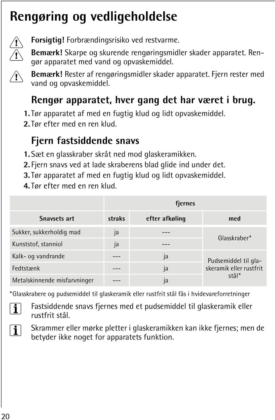 Fjern fastsiddende snavs 1. Sæt en glasskraber skråt ned mod glaskeramikken. 2. Fjern snavs ved at lade skraberens blad glide ind under det. 3.