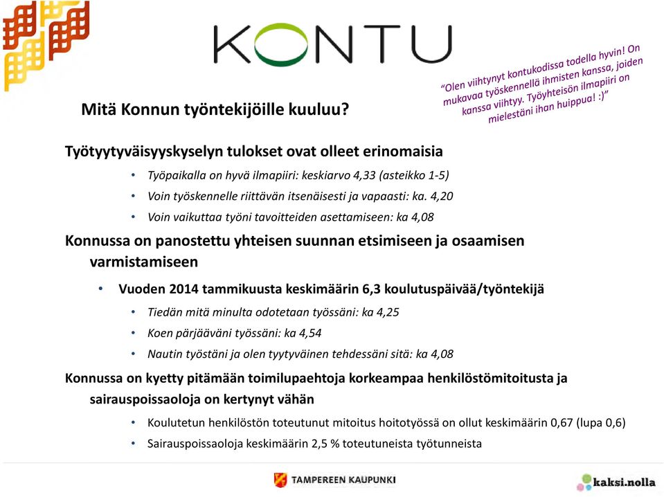 4,20 Voin vaikuttaa työni tavoitteiden asettamiseen: ka 4,08 Konnussa on panostettu yhteisen suunnan etsimiseen ja osaamisen varmistamiseen Vuoden 2014 tammikuusta keskimäärin 6,3