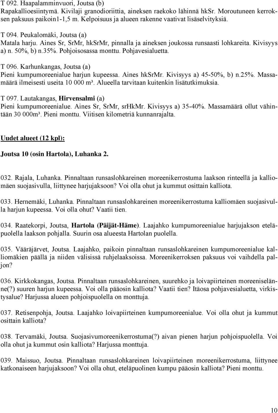 50%, b) n.35%. Pohjoisosassa monttu. Pohjavesialuetta. T 096. Karhunkangas, Joutsa (a) Pieni kumpumoreenialue harjun kupeessa. Aines hksrmr. Kivisyys a) 45-50%, b) n.25%.