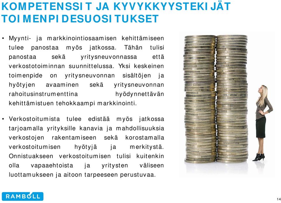 Yksi keskeinen toimenpide on yritysneuvonnan sisältöjen ja hyötyjen avaaminen sekä yritysneuvonnan rahoitusinstrumenttina hyödynnettävän kehittämistuen tehokkaampi markkinointi.