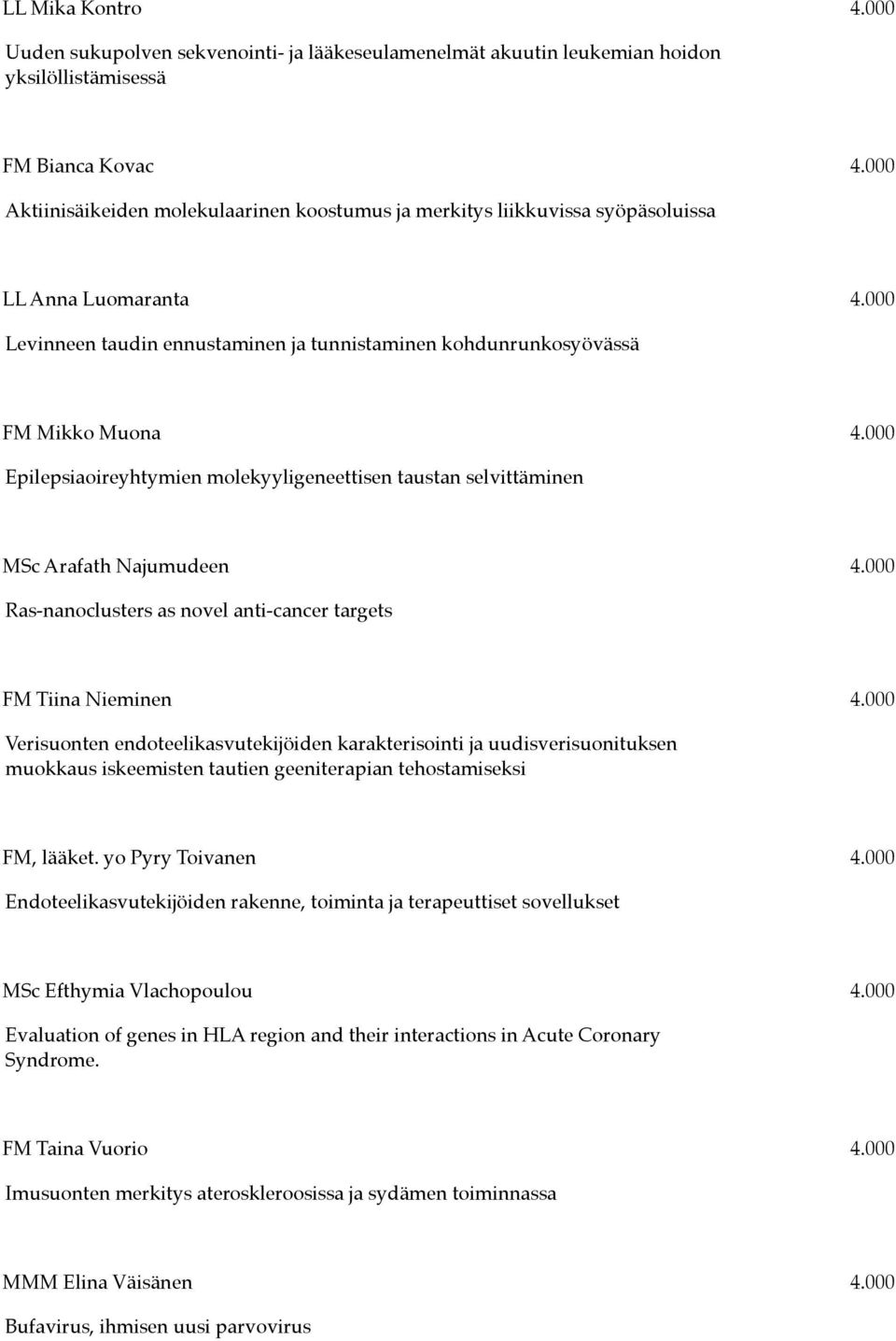 000 Epilepsiaoireyhtymien molekyyligeneettisen taustan selvittäminen MSc Arafath Najumudeen 4.000 Ras-nanoclusters as novel anti-cancer targets FM Tiina Nieminen 4.