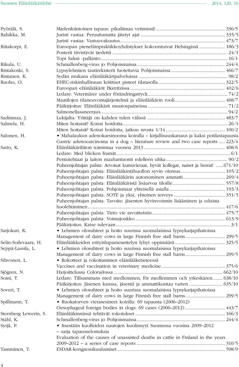 .. 244/4 Rintakoski, S. Lypsylehmien tautirekisterit luotettavia Pohjoismaissa... 466/7 Rintanen, K. Sydän mukana eläinlääkäripalveluissa... 98/2 Ruoho, O.