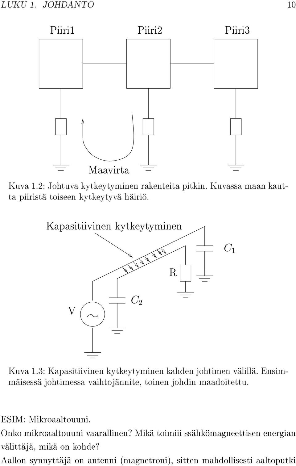 3: Kapasitiivinen kytkeytyminen kahden johtimen välillä. Ensimmäisessä johtimessa vaihtojännite, toinen johdin maadoitettu.