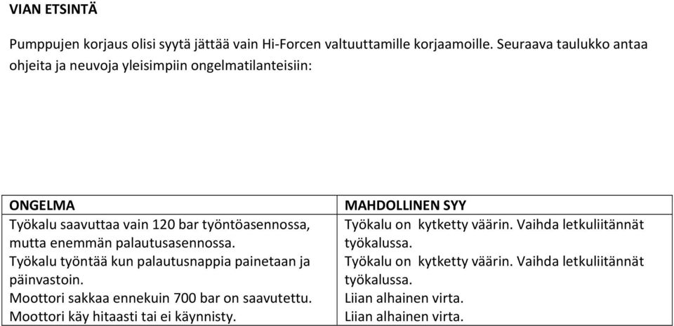 palautusasennossa. Työkalu työntää kun palautusnappia painetaan ja päinvastoin. Moottori sakkaa ennekuin 700 bar on saavutettu.