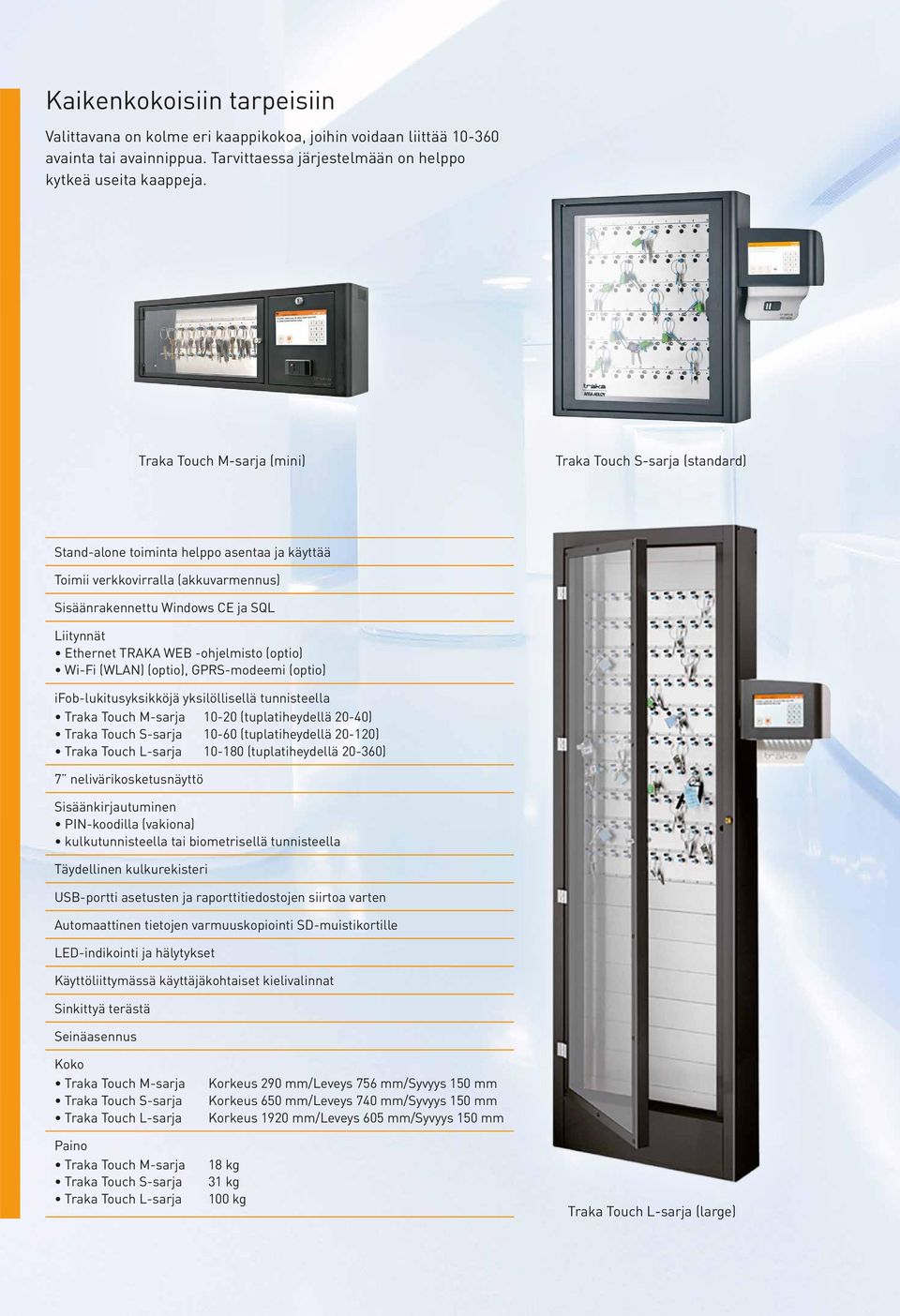 TRAKA WEB -ohjelmisto (optio) Wi-Fi (WLAN) (optio), GPRS-modeemi (optio) ifob-lukitusyksikköjä yksilöllisellä tunnisteella Traka Touch M-sarja Traka Touch S-sarja Traka Touch L-sarja 7