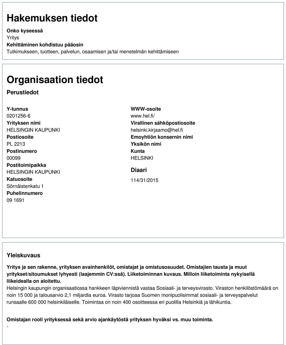 kirjaamo@hel.fi Emoyhtiön konsernin nimi Yksikön nimi Kunta HELSINKI Diaari 114/31/2015 Yleiskuvaus Yritys ja sen rakenne, yrityksen avainhenkilöt, omistajat ja omistusosuudet.