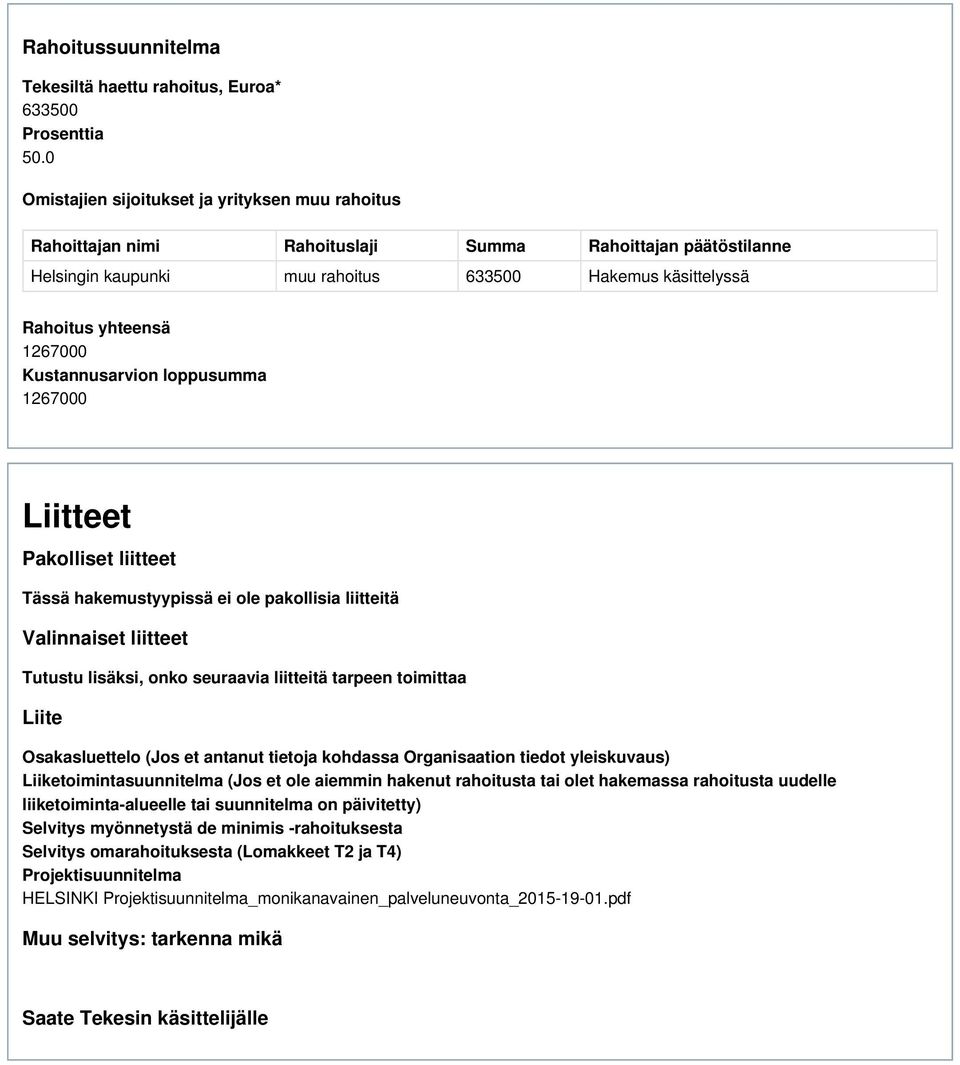Kustannusarvion loppusumma 1267000 Liitteet Pakolliset liitteet Tässä hakemustyypissä ei ole pakollisia liitteitä Valinnaiset liitteet Tutustu lisäksi, onko seuraavia liitteitä tarpeen toimittaa