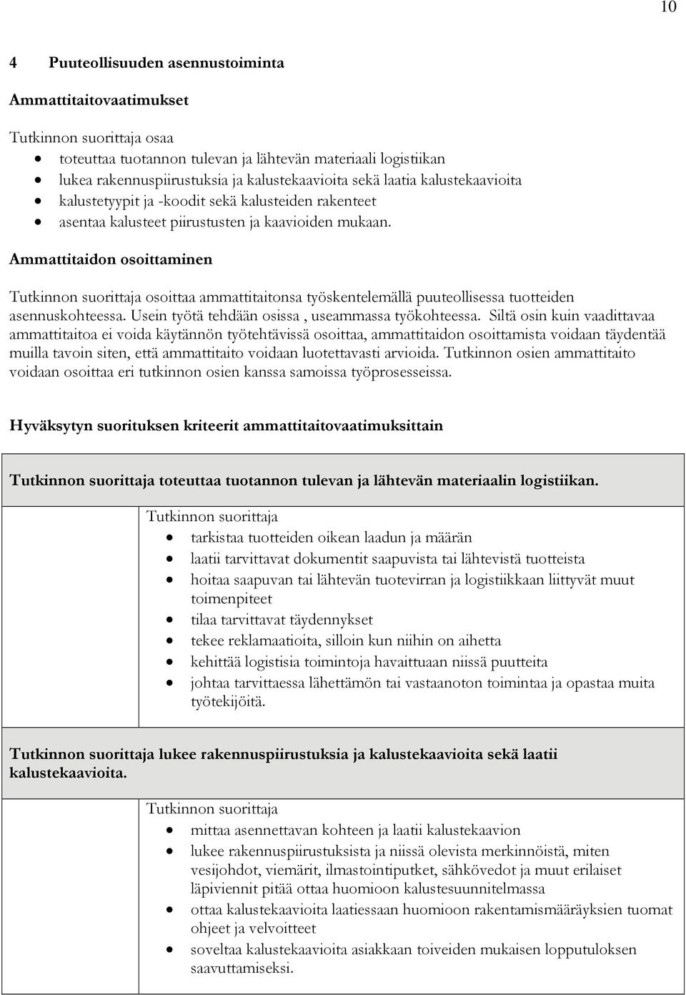 Ammattitaidon osoittaminen osoittaa ammattitaitonsa työskentelemällä puuteollisessa tuotteiden asennuskohteessa. Usein työtä tehdään osissa, useammassa työkohteessa.