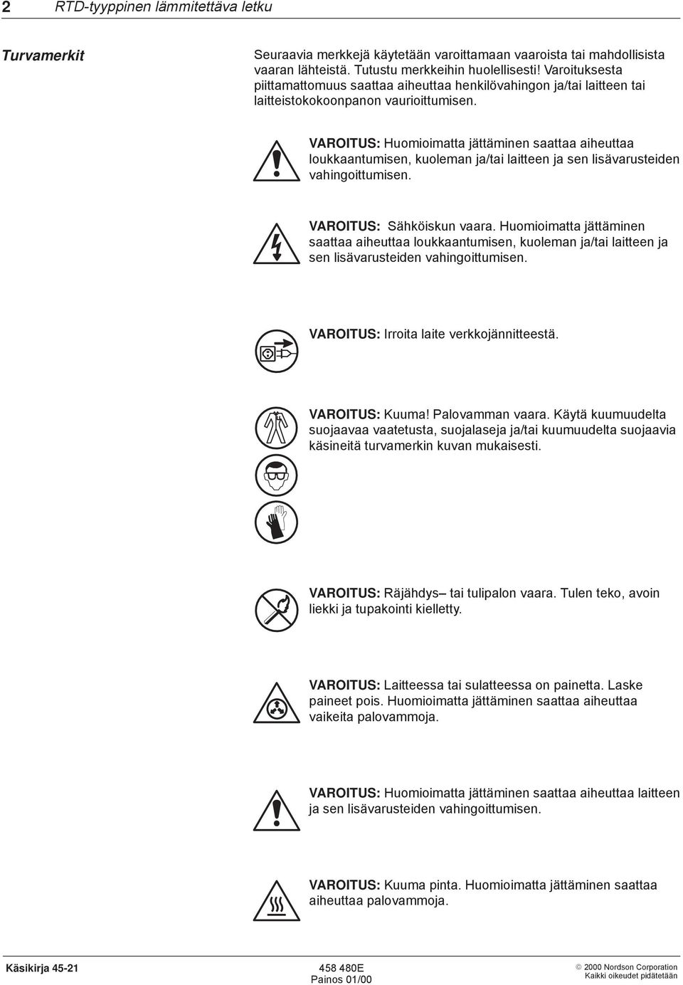 VAROITUS: Huomioimatta jättäminen saattaa aiheuttaa loukkaantumisen, kuoleman ja/tai laitteen ja sen lisävarusteiden vahingoittumisen. VAROITUS: Sähköiskun vaara.