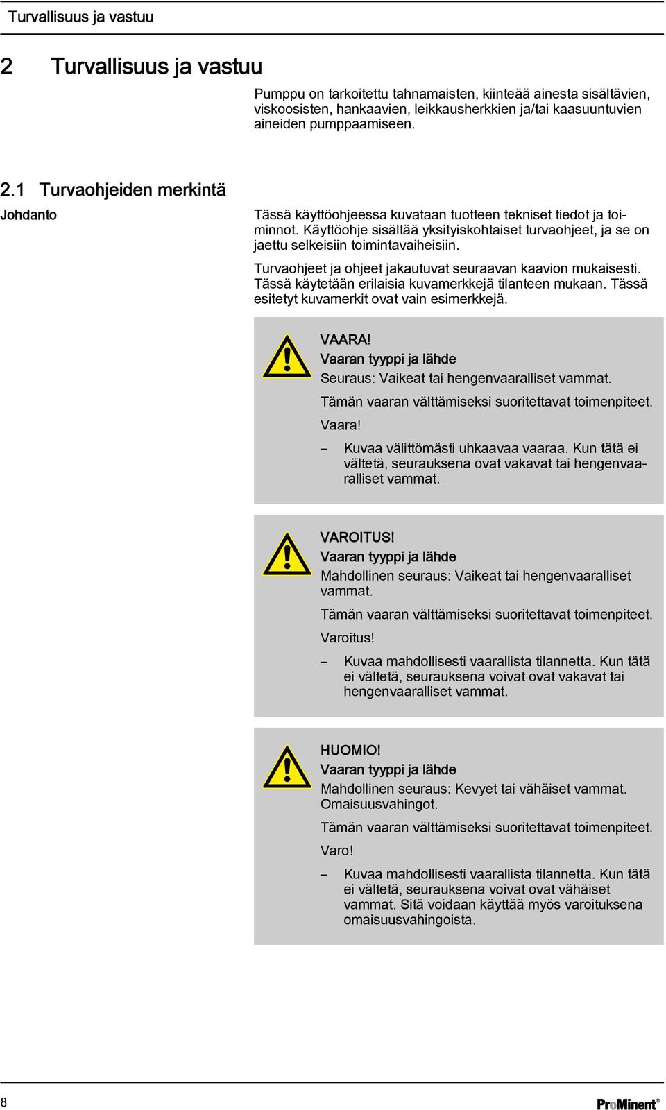 Käyttöohje sisältää yksityiskohtaiset turvaohjeet, ja se on jaettu selkeisiin toimintavaiheisiin. Turvaohjeet ja ohjeet jakautuvat seuraavan kaavion mukaisesti.