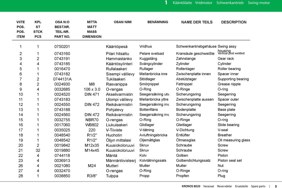 Kuggstång Zahnstange Gear rack 4 4 0743185 Kääntösylinteri Svängcylinder Zylinder Cylinder 5 1 0016470 Rullalaakeri Rullager Rollenlager Roller bearing 6 1 0743182 Sisempi välilevy Mellanbricka inre