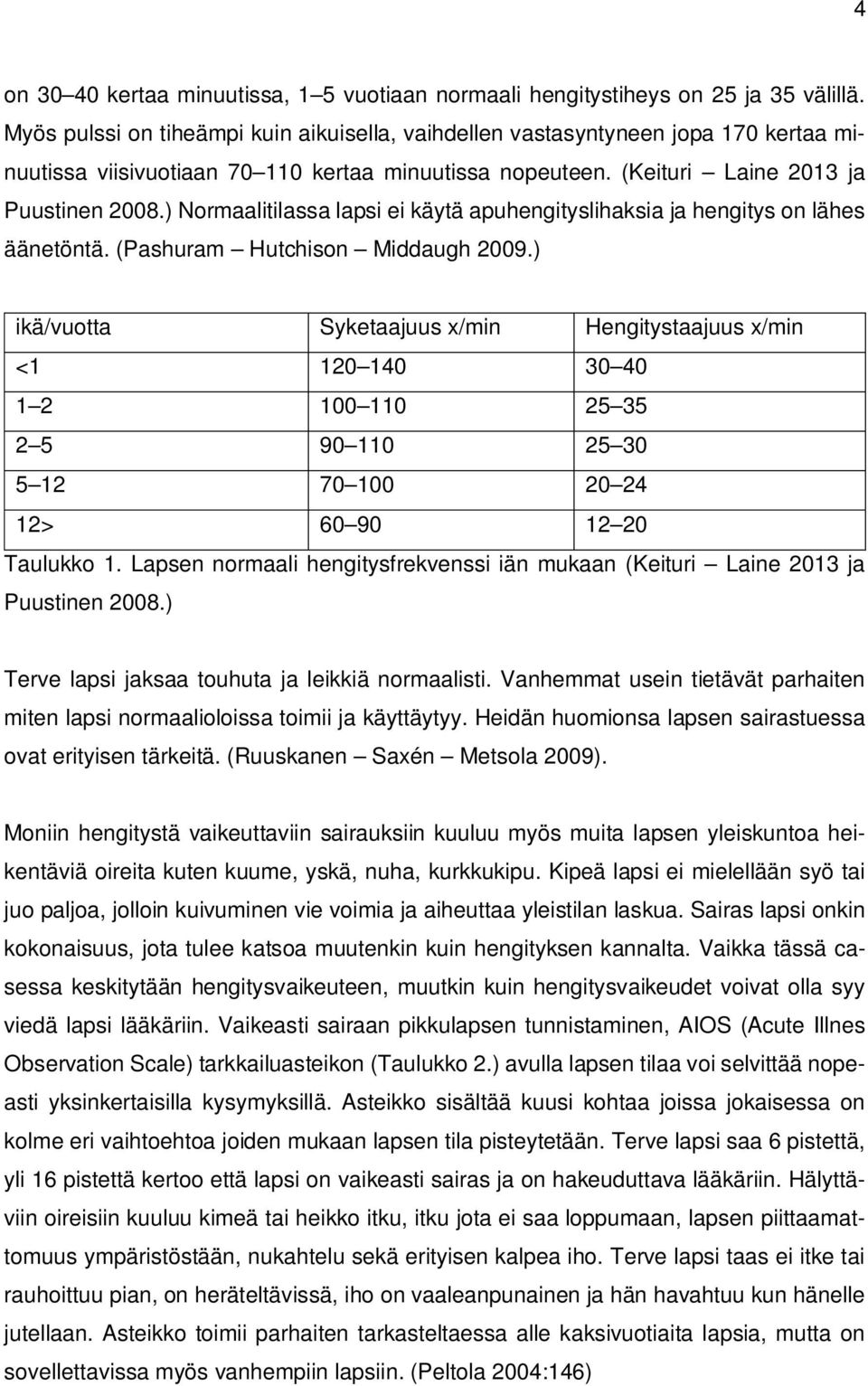 ) Normaalitilassa lapsi ei käytä apuhengityslihaksia ja hengitys on lähes äänetöntä. (Pashuram Hutchison Middaugh 2009.