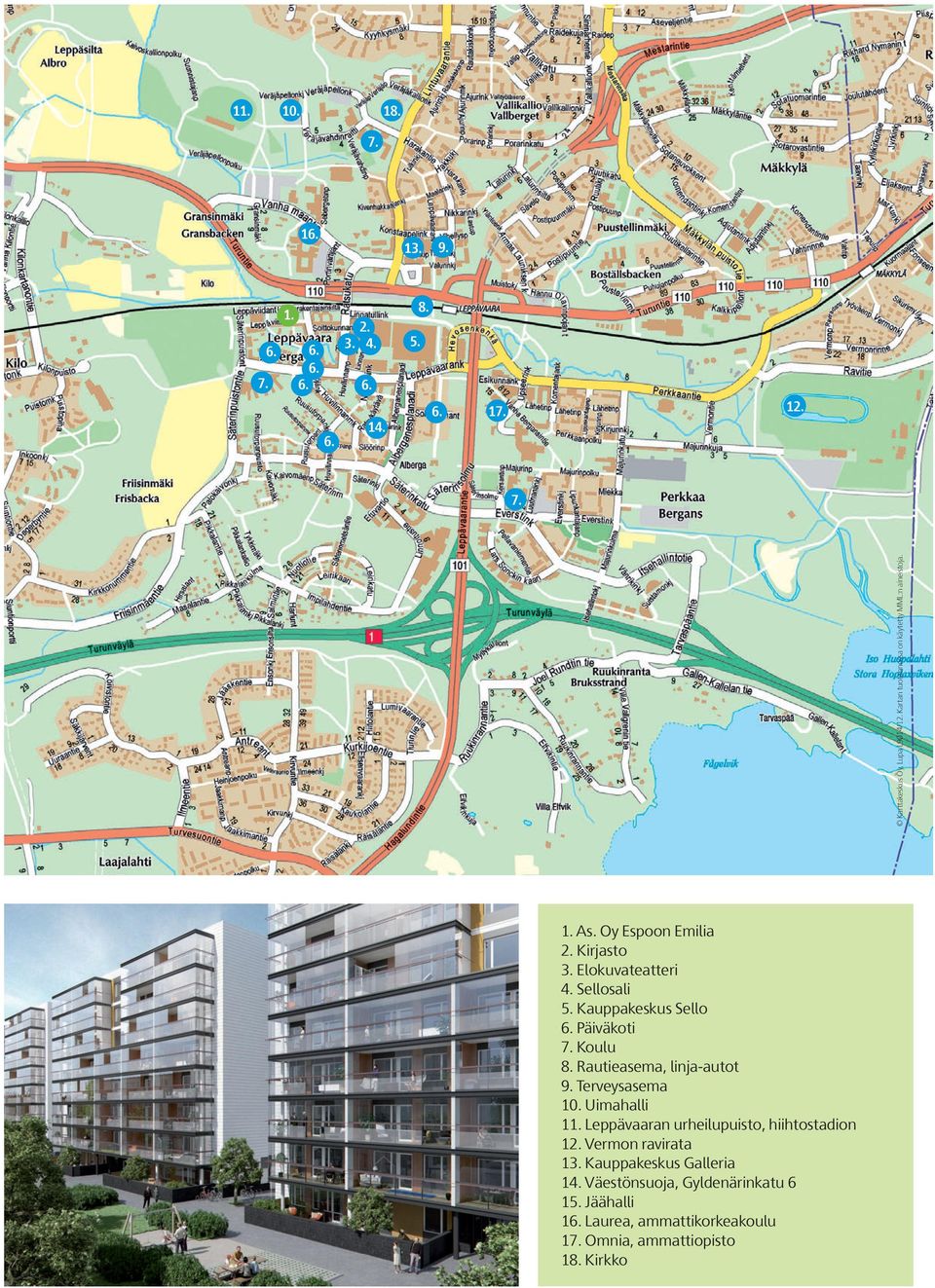 Kauppakeskus Sello 6. Päiväkoti 7. Koulu 8. Rautieasema, linja-autot 9. Terveysasema 10. Uimahalli 11.