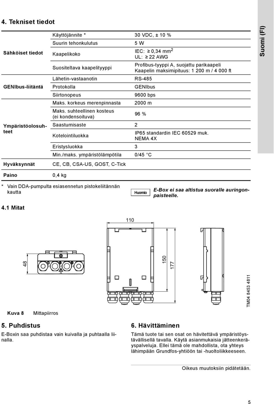 suhteellinen kosteus (ei kondensoituva) 96 % Saastumisaste 2 Kotelointiluokka IP65 standardin IEC 60529 muk. NEMA 4X Eristysluokka 3 Min./maks.