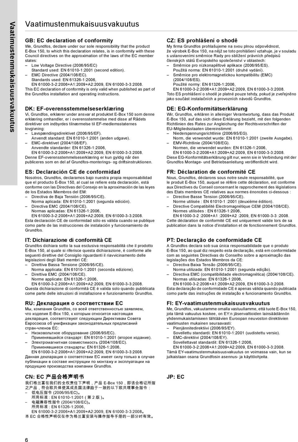 EMC Directive (2004/108/EC). Standards used: EN 61326-1:2006, This EC declaration of conformity is only valid when published as part of the Grundfos installation and operating instructions.