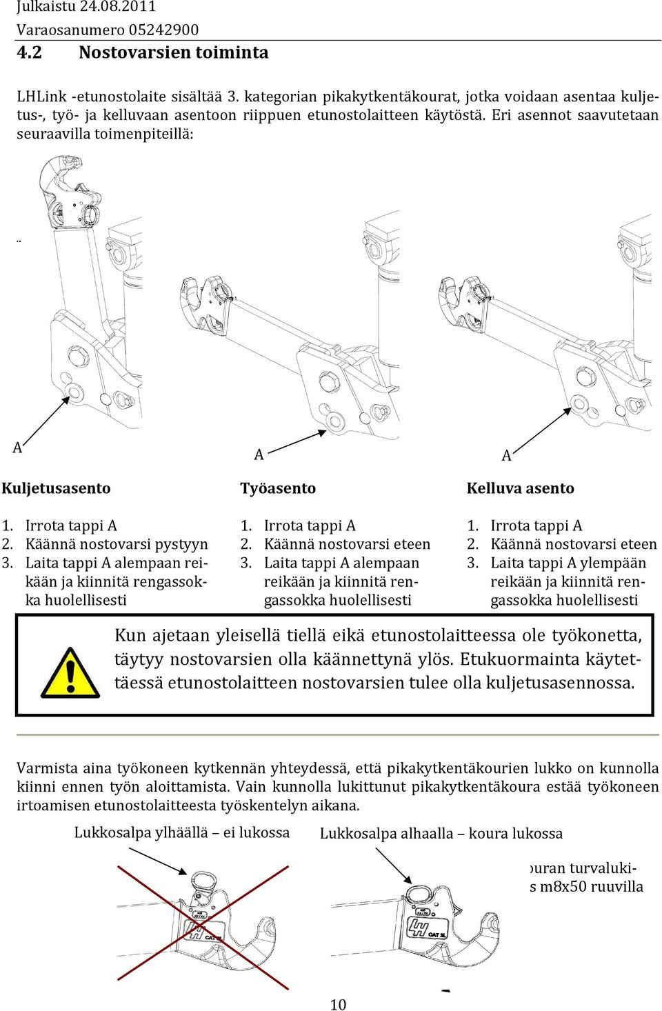 Laita tappi A alempaan reikään ja kiinnitä rengassokka huolellisesti A Työasento 1. Irrota tappi A 2. Käännä nostovarsi eteen 3.