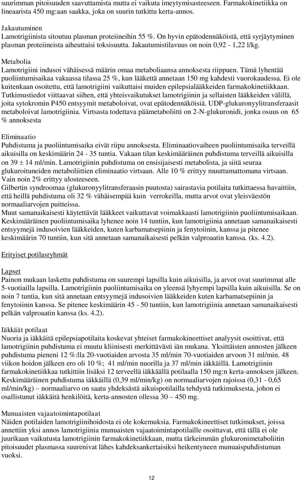 Jakautumistilavuus on noin 0,92-1,22 l/kg. Metabolia Lamotrigiini indusoi vähäisessä määrin omaa metaboliaansa annoksesta riippuen.