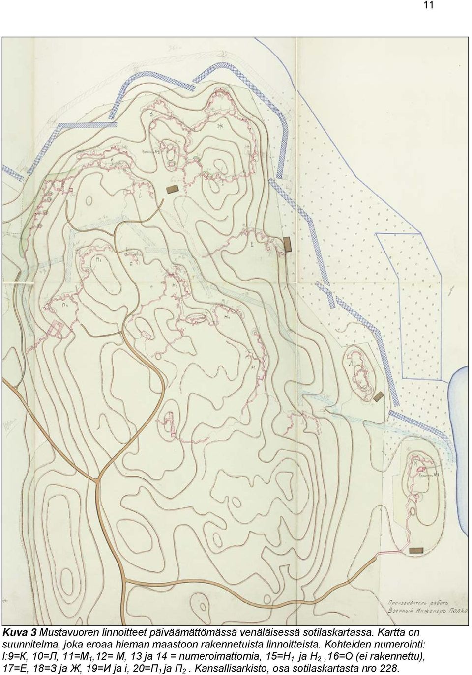 Kohteiden numerointi: I:9=К, 10=Л, 11=М 1,12= М, 13 ja 14 = numeroimattomia, 15=Н 1 ja Н