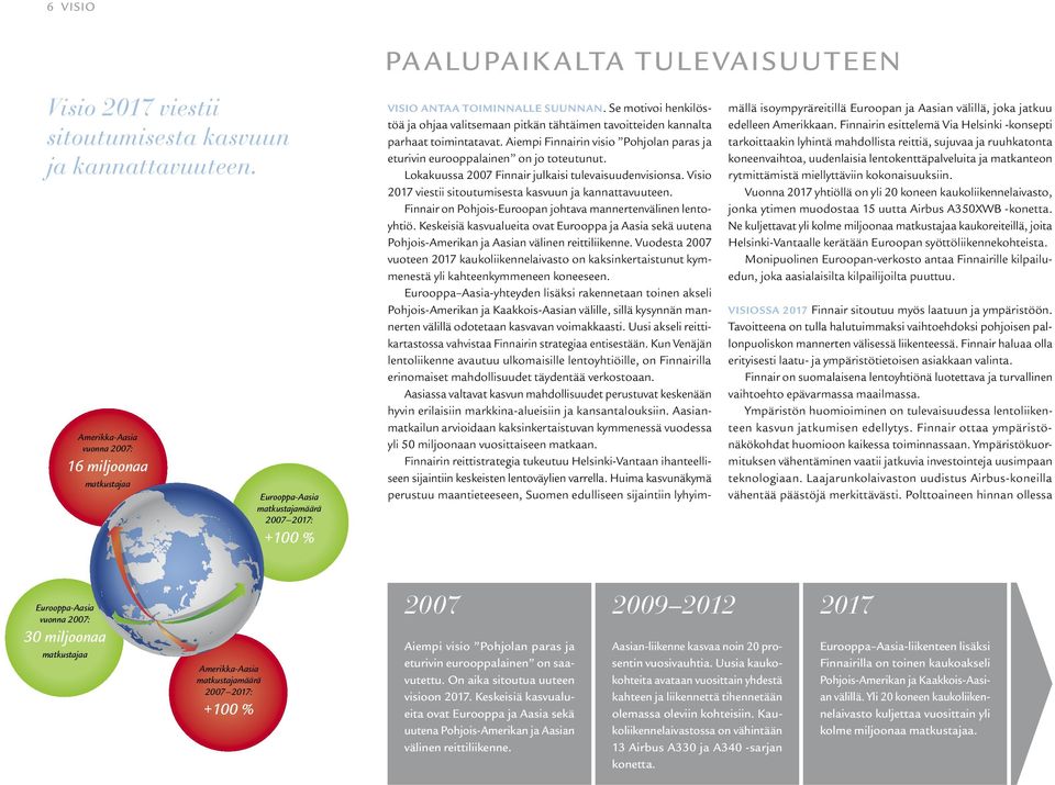 Se motivoi henkilöstöä ja ohjaa valitsemaan pitkän tähtäimen tavoitteiden kannalta parhaat toimintatavat. Aiempi Finnairin visio Pohjolan paras ja eturivin eurooppalainen on jo toteutunut.