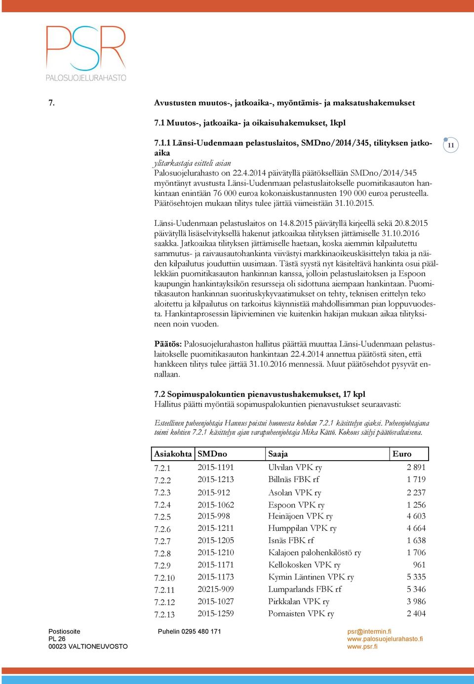 Päätösehtojen mukaan tilitys tulee jättää viimeistään 31.10.2015. 11 Länsi-Uudenmaan pelastuslaitos on 14.8.2015 päivätyllä kirjeellä sekä 20.8.2015 päivätyllä lisäselvityksellä hakenut jatkoaikaa tilityksen jättämiselle 31.