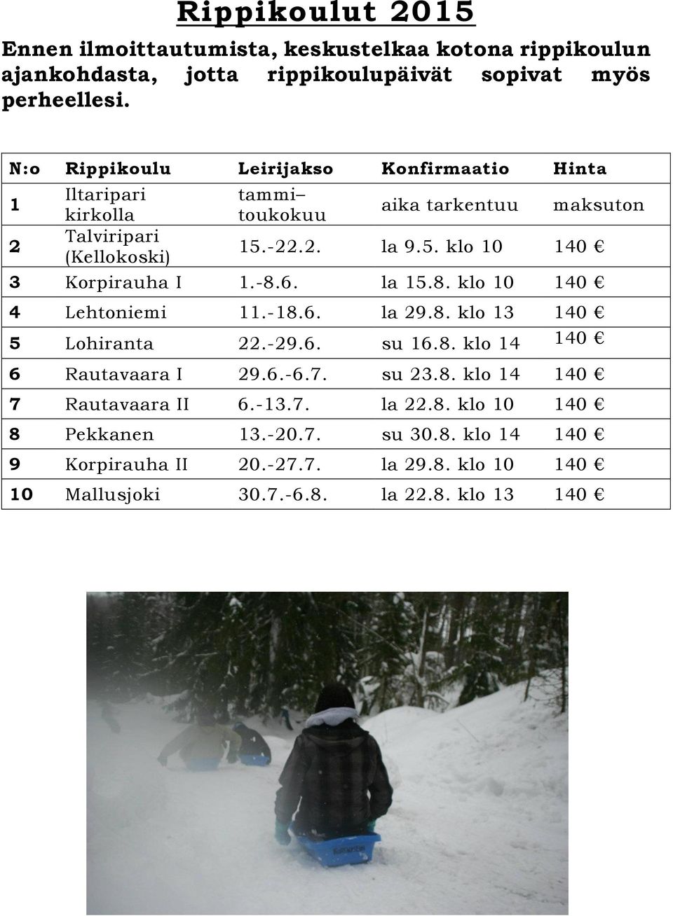 -22.2. la 9.5. klo 10 140 3 Korpirauha I 1.-8.6. la 15.8. klo 10 140 4 Lehtoniemi 11.-18.6. la 29.8. klo 13 140 5 Lohiranta 22.-29.6. su 16.8. klo 14 140 6 Rautavaara I 29.