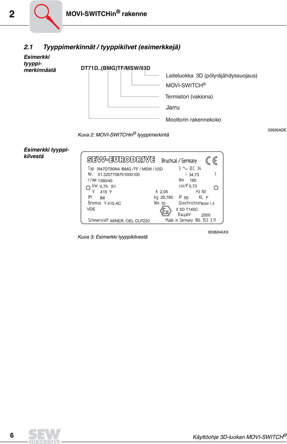 MOVI-SWITCHin tyyppimerkintä 03530ADE Esimerkki tyyppikilvestä VDE R47DT80N4 /BMG /TF / MSW / II3D 01.