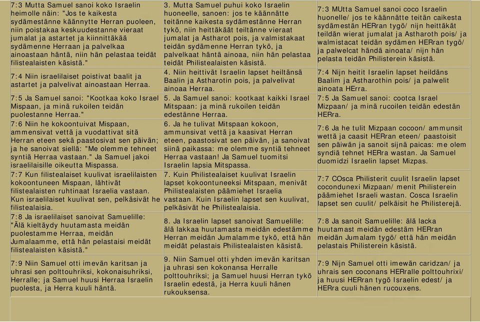 7:5 Ja Samuel sanoi: "Kootkaa koko Israel Mispaan, ja minä rukoilen teidän puolestanne Herraa.