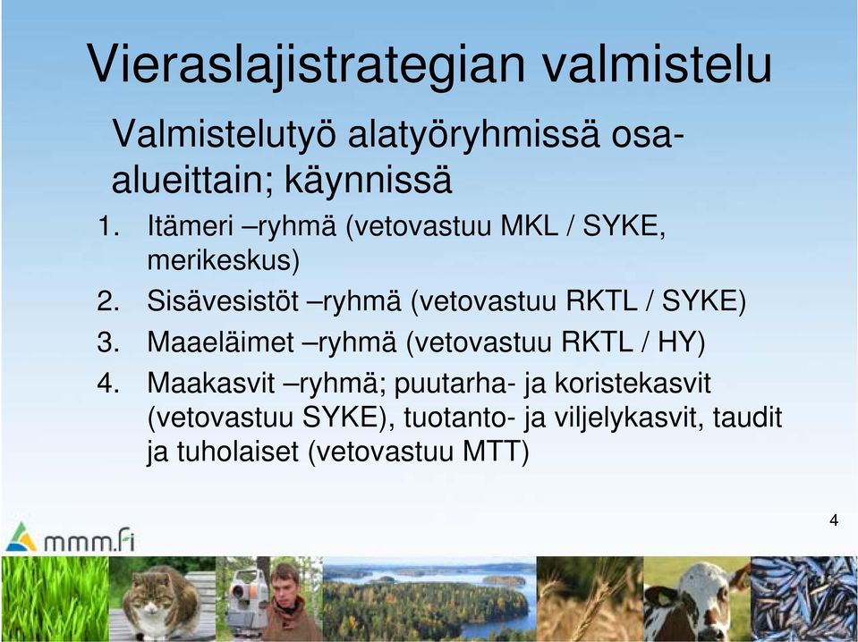 Sisävesistöt ryhmä (vetovastuu RKTL / SYKE) 3. Maaeläimet ryhmä (vetovastuu RKTL / HY) 4.