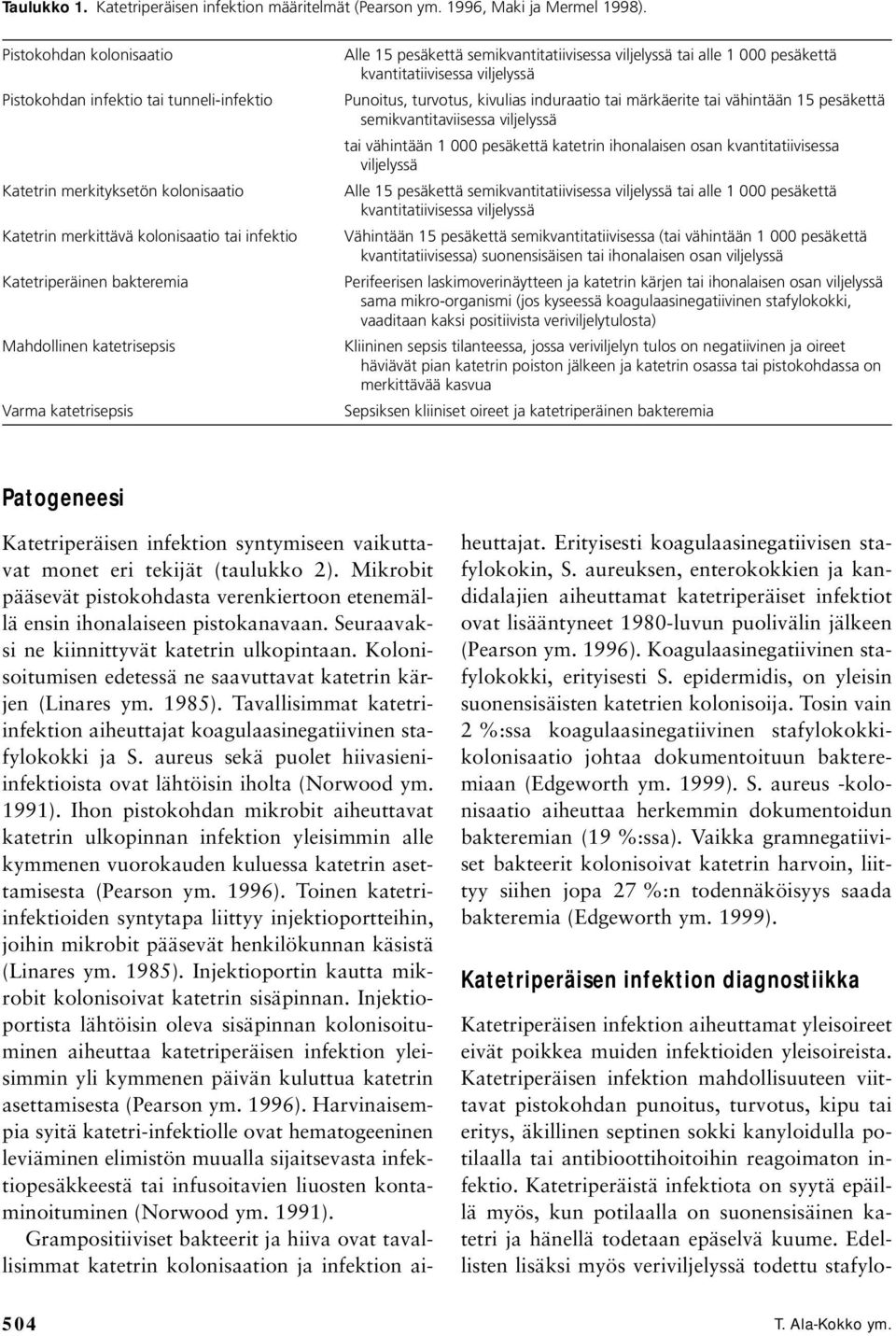 katetrisepsis Varma katetrisepsis Alle 15 pesäkettä semikvantitatiivisessa viljelyssä tai alle 1 000 pesäkettä kvantitatiivisessa viljelyssä Punoitus, turvotus, kivulias induraatio tai märkäerite tai