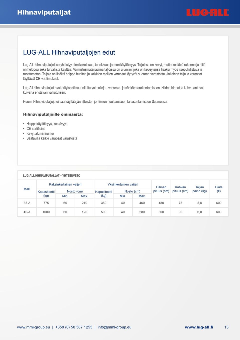 Taljoja on lisäksi helppo huoltaa ja kaikkien mallien varaosat löytyvät suoraan varastosta. Jokainen talja ja varaosat täyttävät CE-vaatimukset.