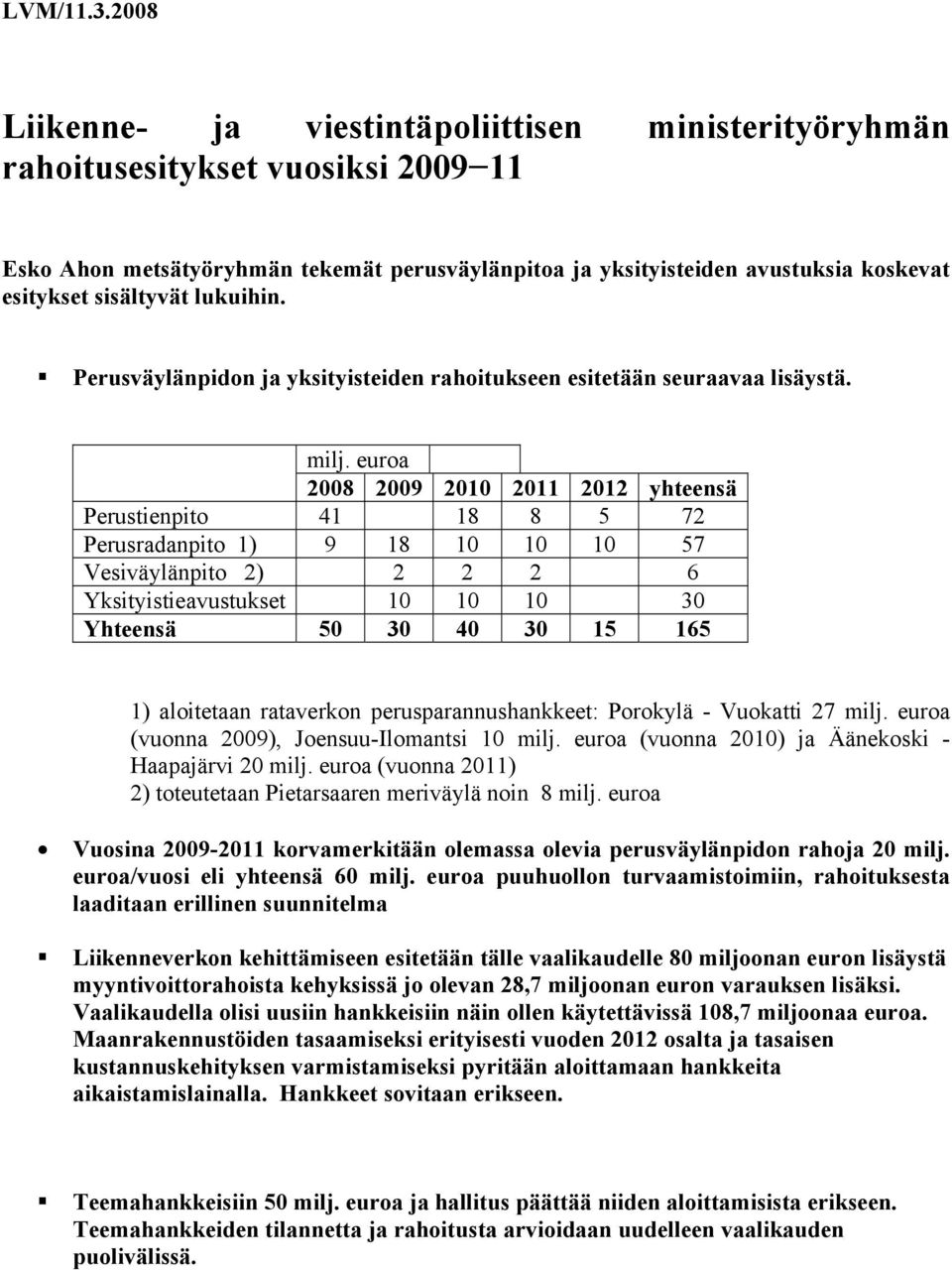 sisältyvät lukuihin. Perusväylänpidon ja yksityisteiden rahoitukseen esitetään seuraavaa lisäystä. milj.