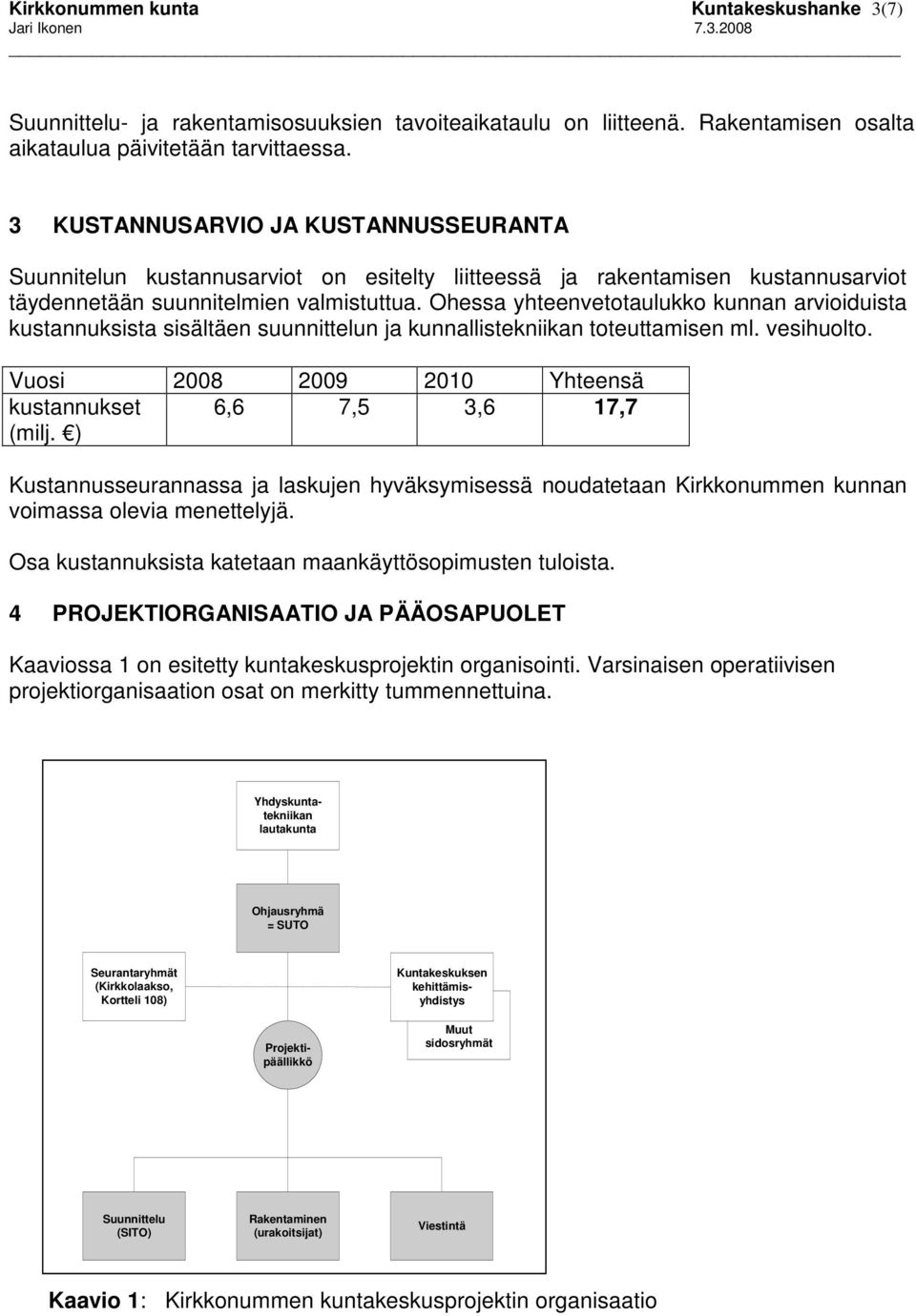 Ohessa yhteenvetotaulukko kunnan arvioiduista kustannuksista sisältäen suunnittelun ja kunnallistekniikan toteuttamisen ml. vesihuolto.