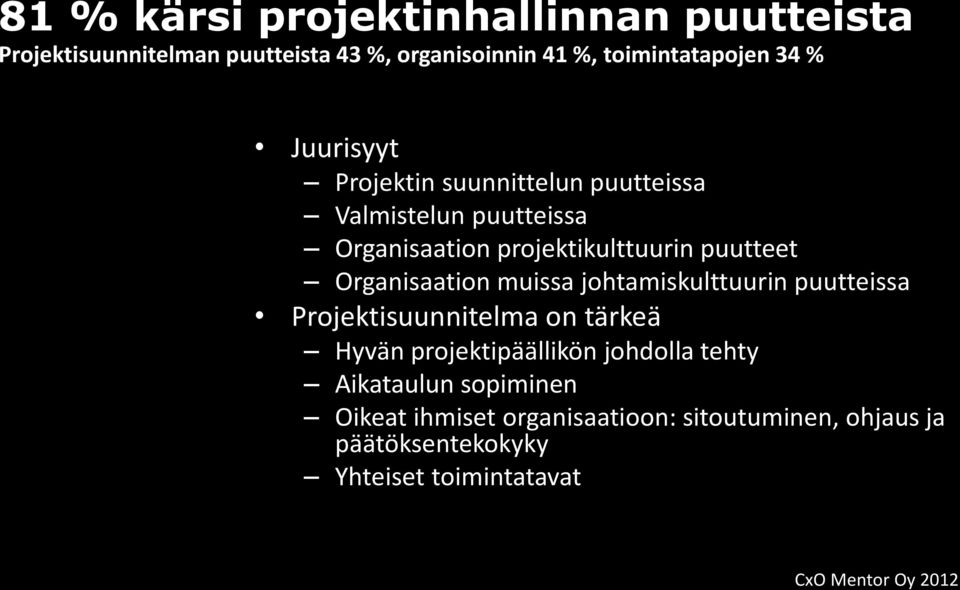 Organisaation muissa johtamiskulttuurin puutteissa Projektisuunnitelma on tärkeä Hyvän projektipäällikön johdolla