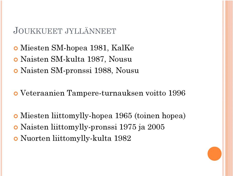 Tampere-turnauksen voitto 1996 Miesten liittomylly-hopea 1965