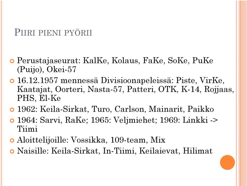 Rojjaas, PHS, El-Ke 1962: Keila-Sirkat, Turo, Carlson, Mainarit, i Paikko 1964: Sarvi, RaKe; 1965: