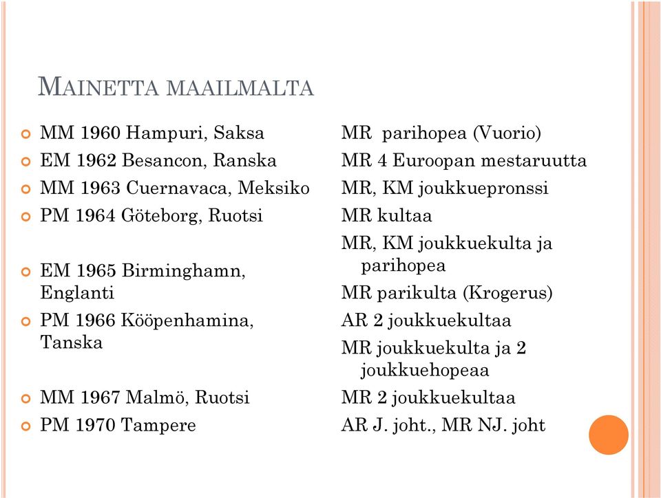 Tampere MR parihopea (Vuorio) MR 4 Euroopan mestaruutta MR, KM joukkuepronssi MR kultaa MR, KM joukkuekulta ja