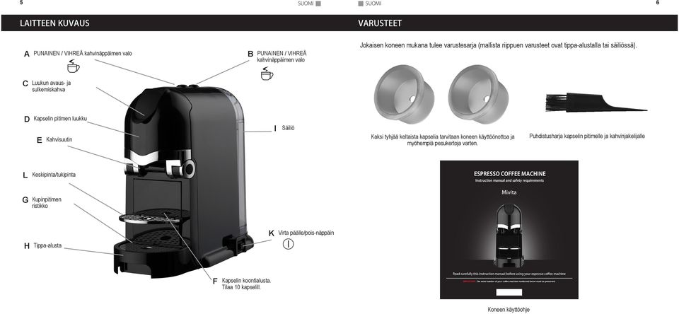 C Luukun avaus- ja sulkemiskahva D Kapselin pitimen luukku E Kahvisuutin I Säiliö Kaksi tyhjää keltaista kapselia tarvitaan koneen käyttöönottoa ja