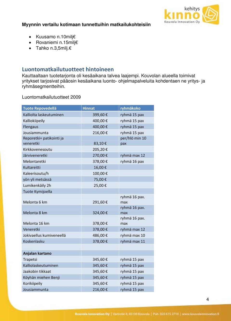 Kouvolan alueella toimivat yritykset tarjosivat pääosin kesäaikana luonto- ohjelmapalveluita kohdentaen ne yritys- ja ryhmäsegmentteihin.